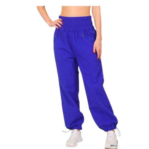 Zenana Windbreaker Smocked Pant Size XL Blue High Waist Pull On Front Pockets - Picture 1 of 13